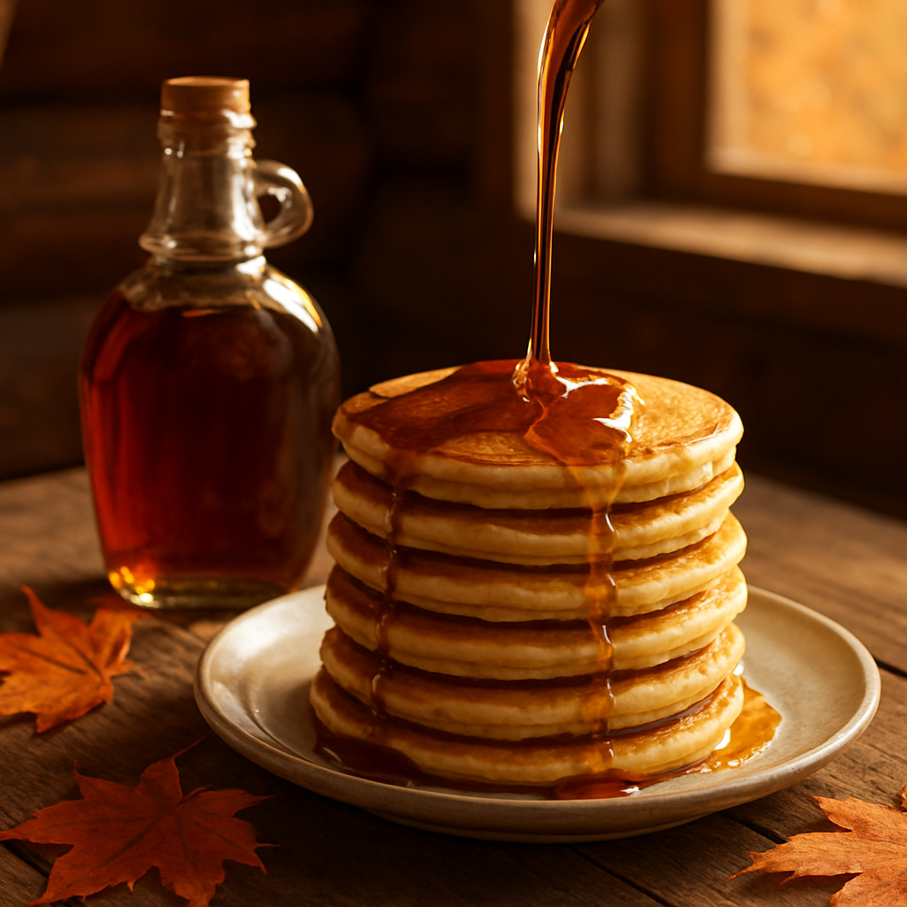 Sirope de maple canadiense vertido sobre pancakes